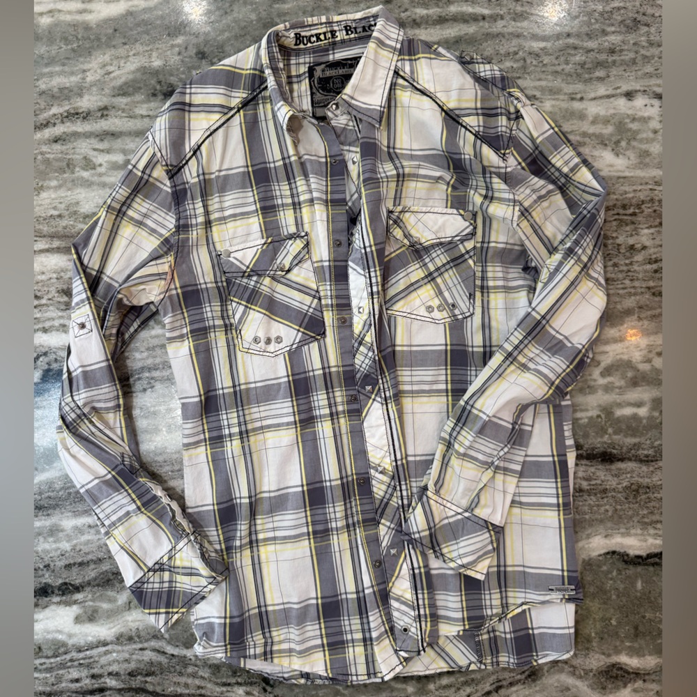 Buckle Black Men's Casual Plaid Shirt - Gray and Yellow Size XXL Athletic Fit